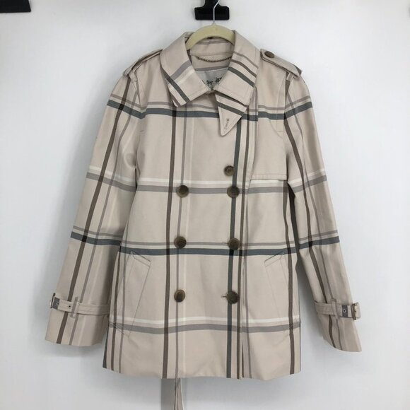 NWT Coach cream Ivory Plaid Tattersall Short  Trench Coat size M - Picture 2 of 15